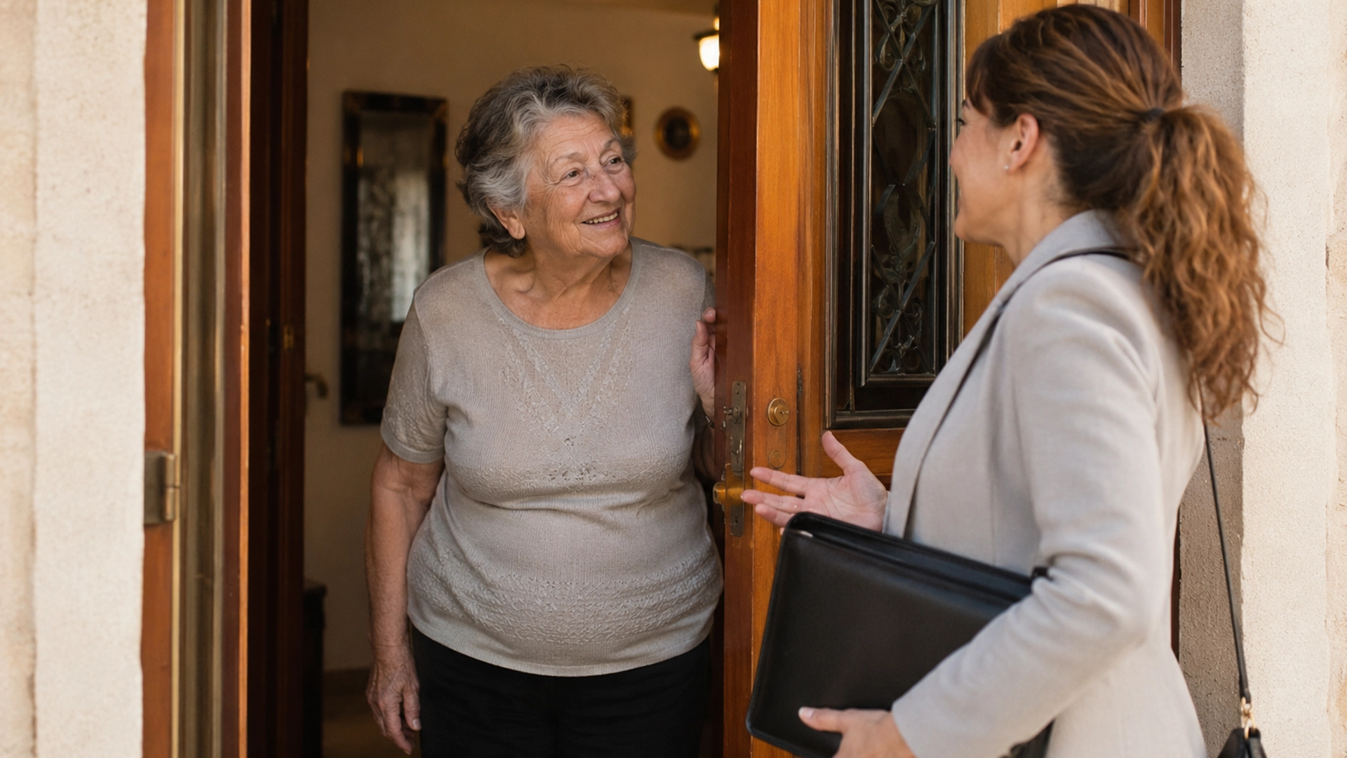 נציג מאי זכויות מתקבל בפתח ביתו של לקוח לקראת ביקור בית
